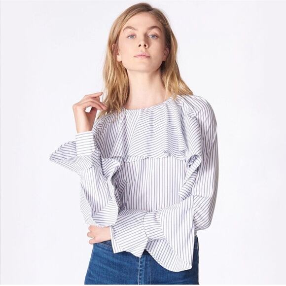 VERONICA BEARD BLUE STRIPED RUFFLED LS BLOUSE; SIZE LARGE - Picture 1 of 3